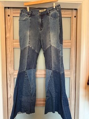 Patchwork Flare Jeans in Mixed Blue Denim